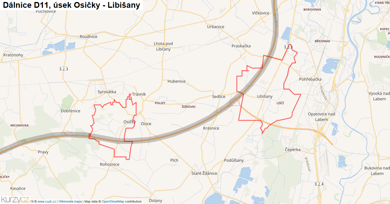 Úsek Osičky - Libišany, Dálnice D11 - Mapa