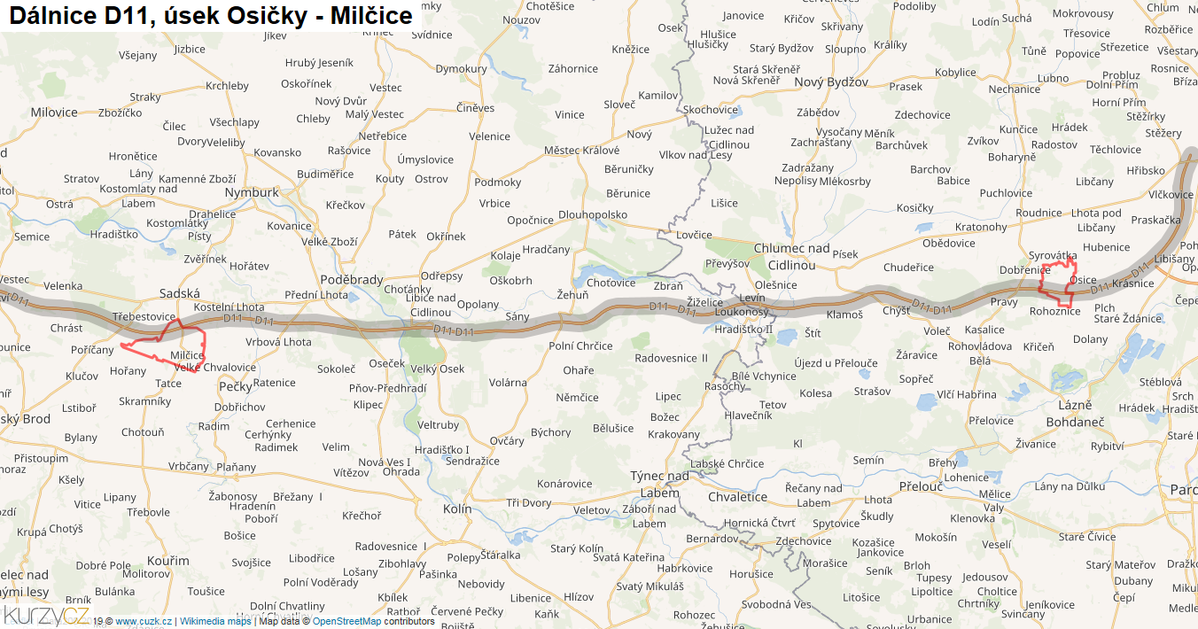 Úsek Osičky - Milčice, Dálnice D11 - Mapa