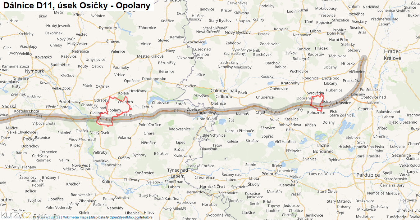 Úsek Osičky - Opolany, Dálnice D11 - Mapa