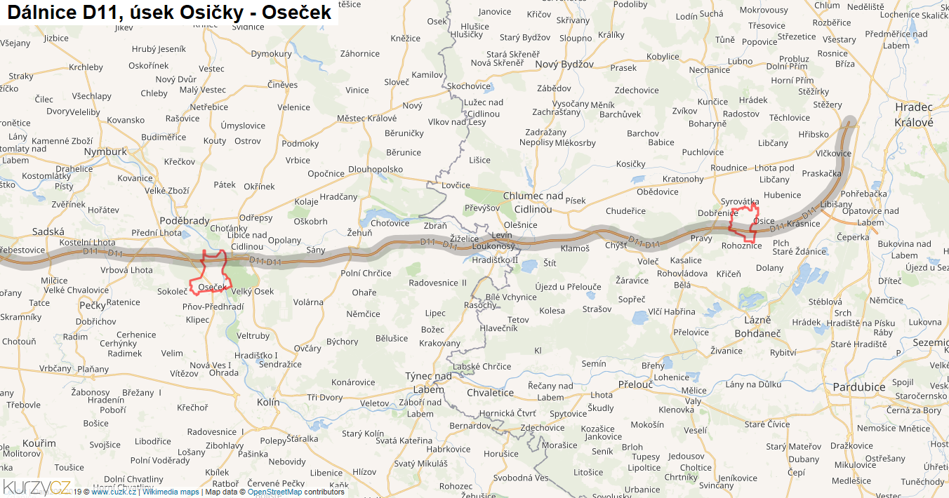 Úsek Osičky - Oseček, Dálnice D11 - Mapa