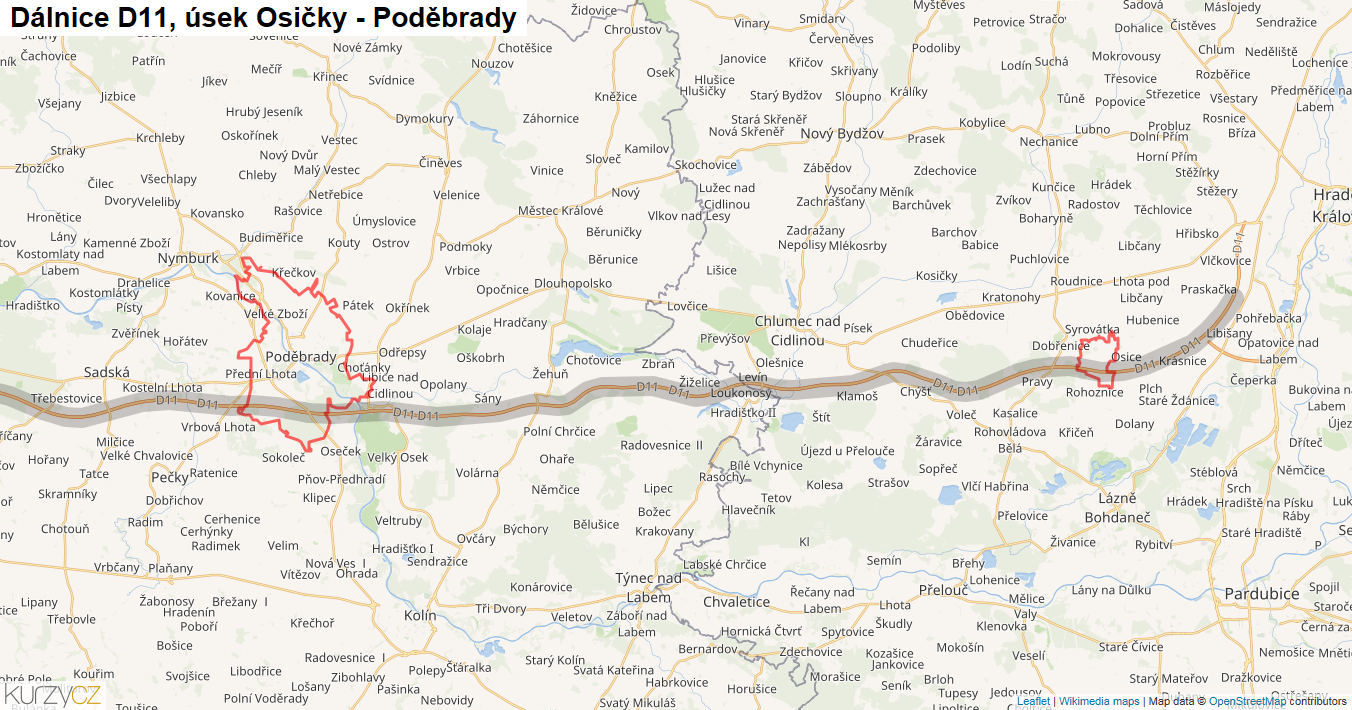 Úsek Osičky - Poděbrady, Dálnice D11 - Mapa