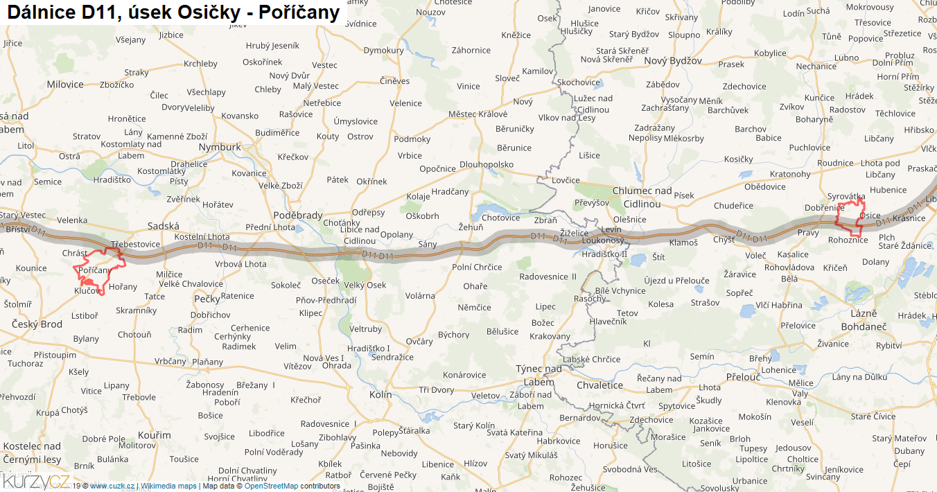 Úsek Osičky - Poříčany, Dálnice D11 - Mapa