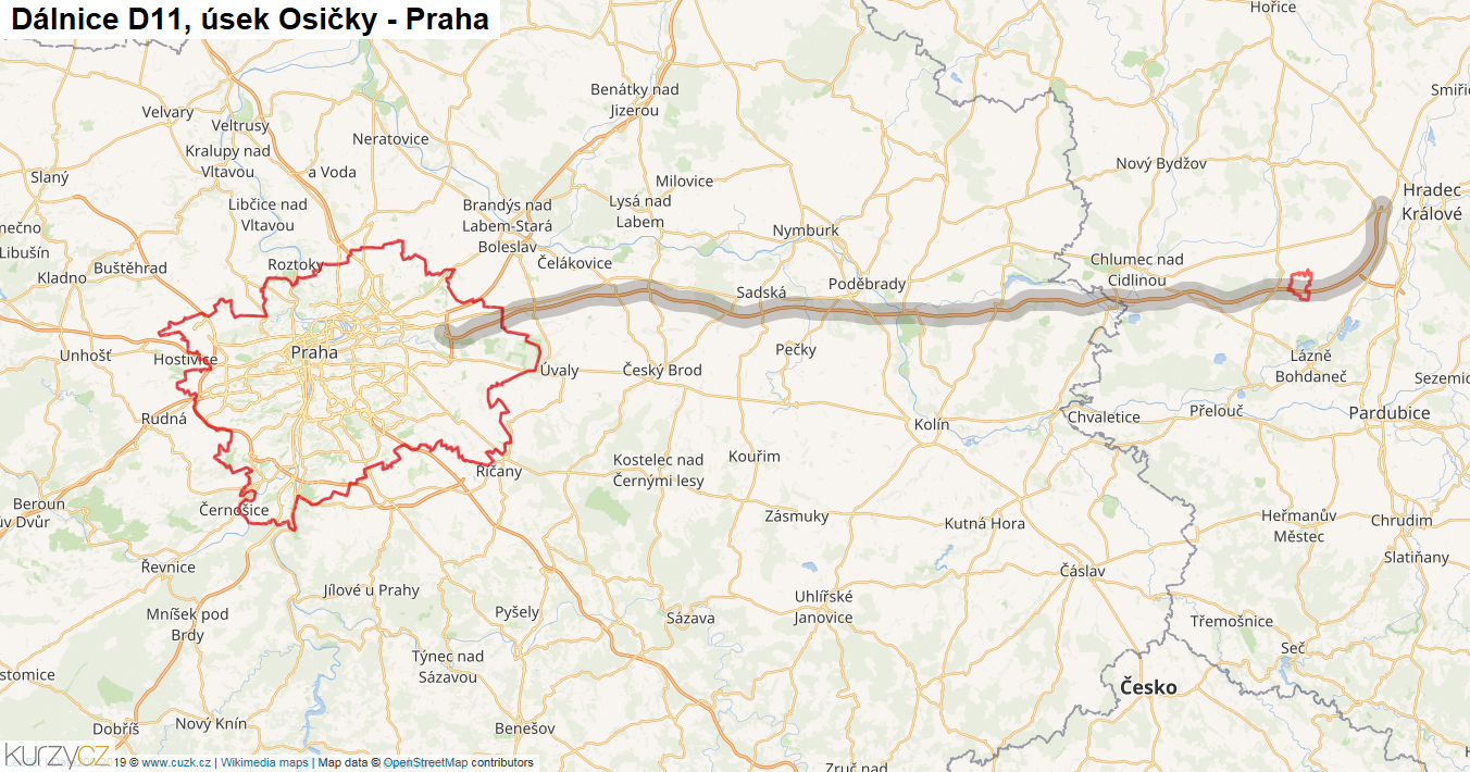 Úsek Osičky - Praha, Dálnice D11 - Mapa