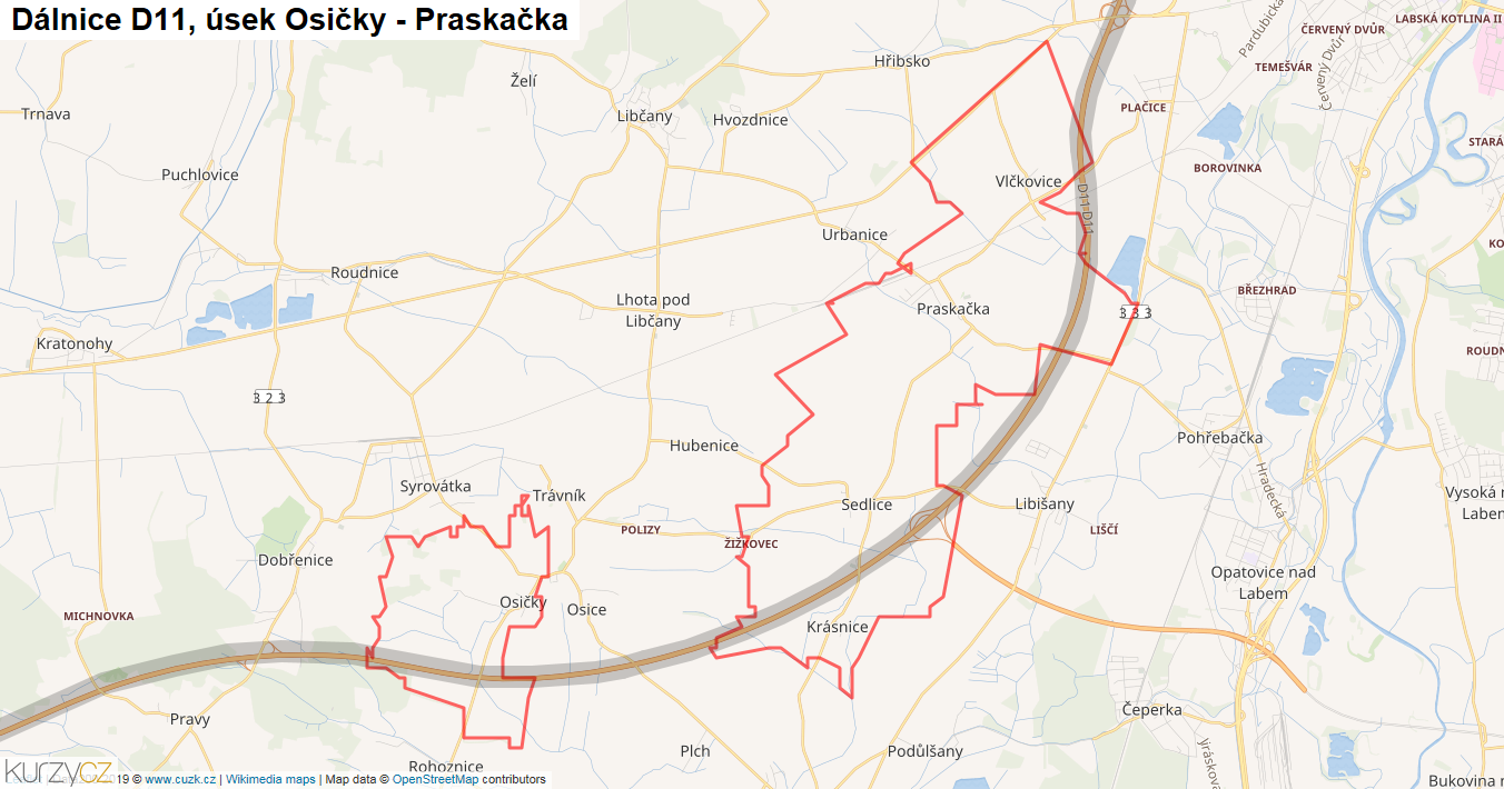 Úsek Osičky - Praskačka, Dálnice D11 - Mapa