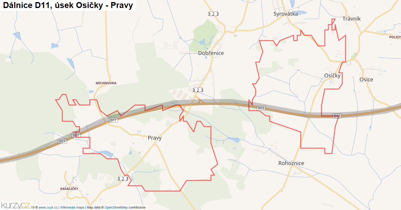 Úsek Osičky - Pravy, Dálnice D11 - Mapa