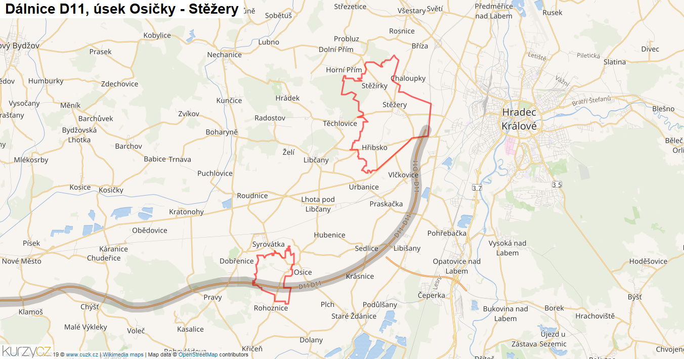 Úsek Osičky - Stěžery, Dálnice D11 - Mapa
