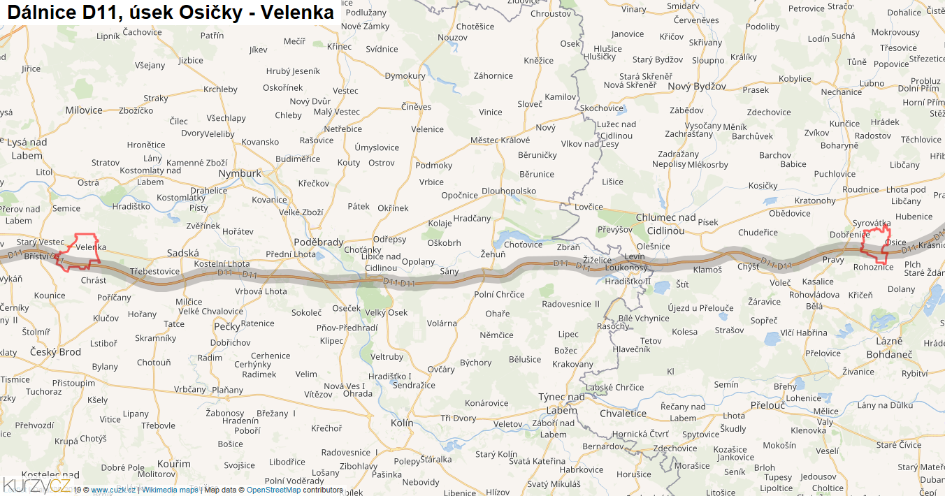Úsek Osičky - Velenka, Dálnice D11 - Mapa