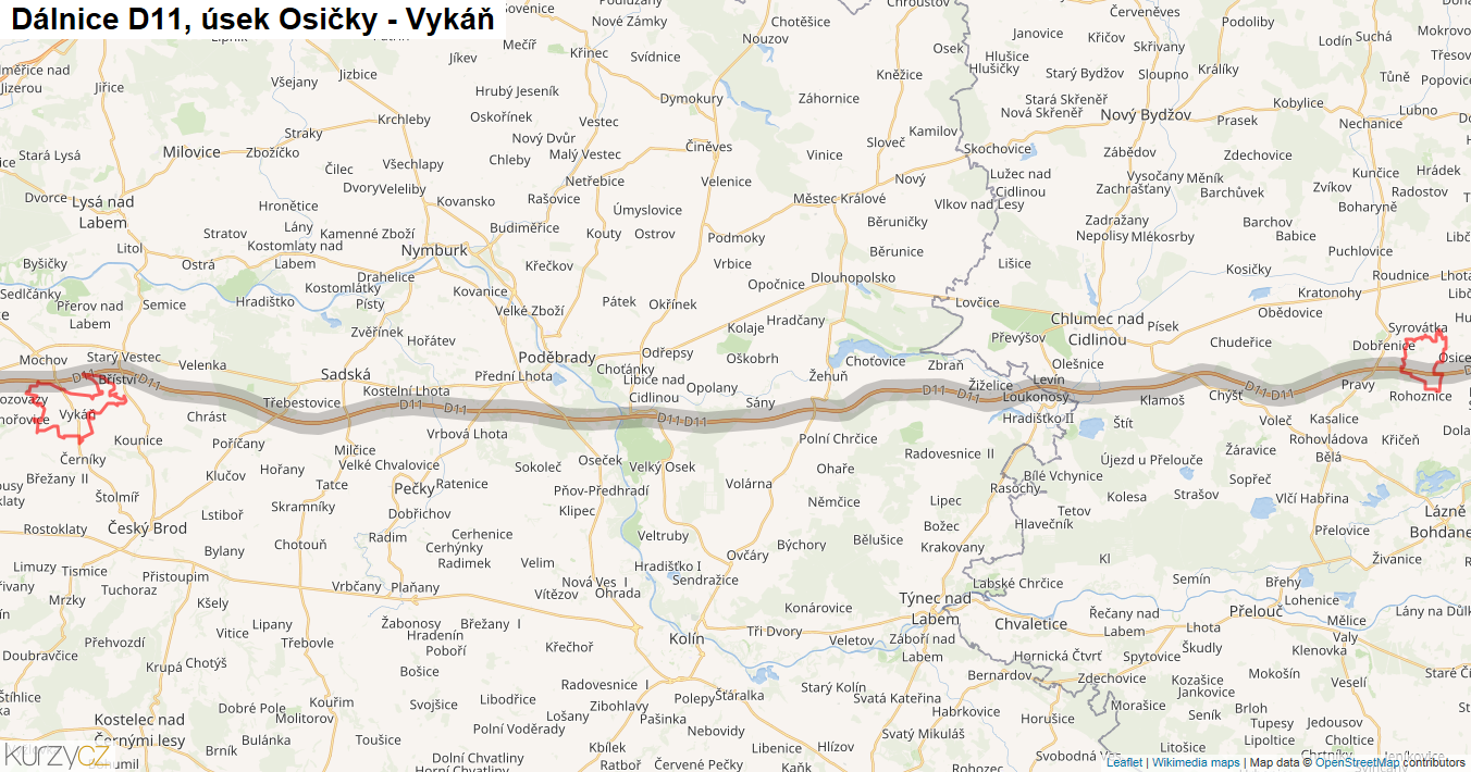 Úsek Osičky - Vykáň, Dálnice D11 - Mapa