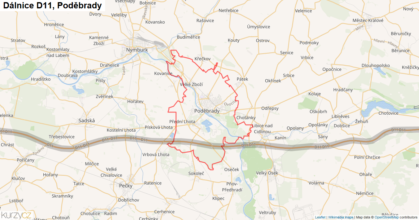 Poděbrady, Dálnice D11 - Mapa