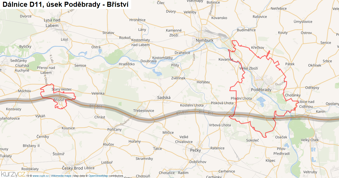 Úsek Poděbrady - Bříství, Dálnice D11 - Mapa
