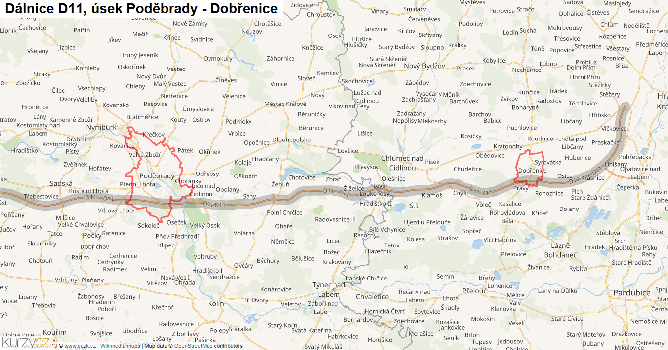 Úsek Poděbrady - Dobřenice, Dálnice D11 - Mapa