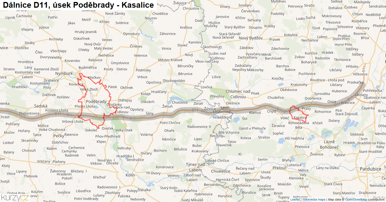 Úsek Poděbrady - Kasalice, Dálnice D11 - Mapa