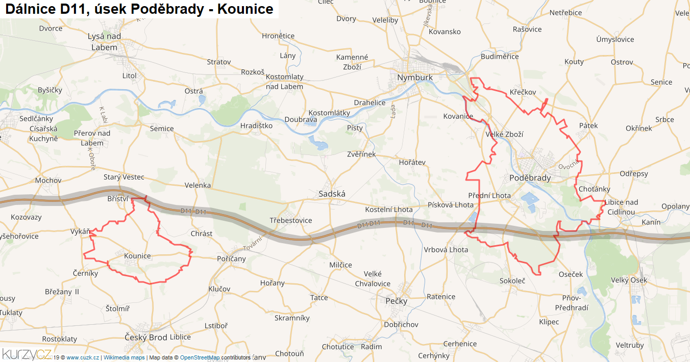 Úsek Poděbrady - Kounice, Dálnice D11 - Mapa