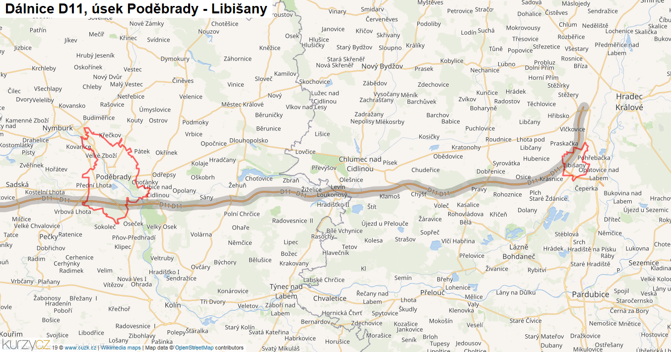 Úsek Poděbrady - Libišany, Dálnice D11 - Mapa
