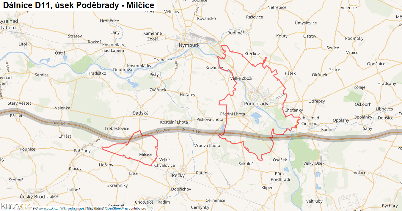 Úsek Poděbrady - Milčice, Dálnice D11 - Mapa