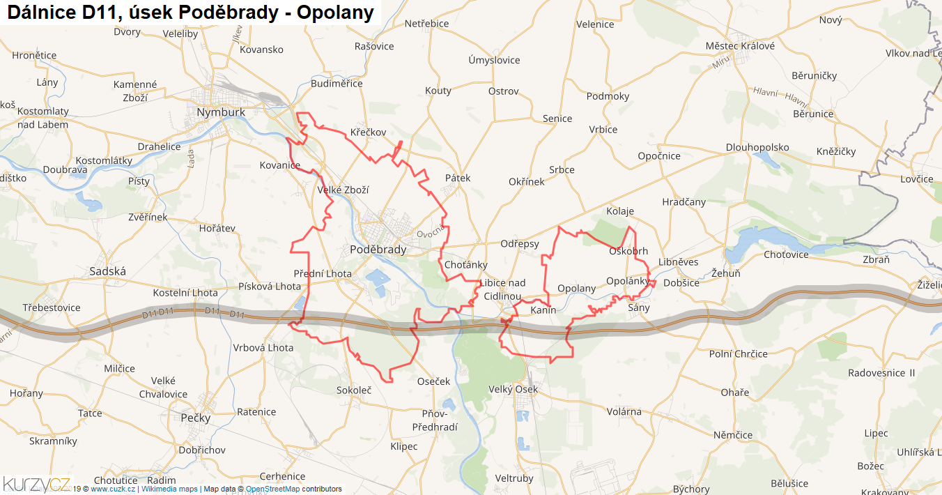 Úsek Poděbrady - Opolany, Dálnice D11 - Mapa