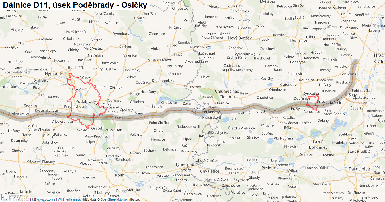 Úsek Poděbrady - Osičky, Dálnice D11 - Mapa