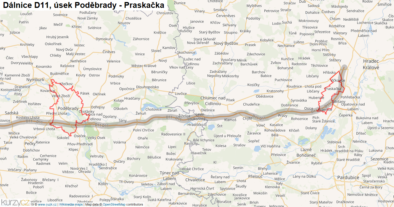 Úsek Poděbrady - Praskačka, Dálnice D11 - Mapa