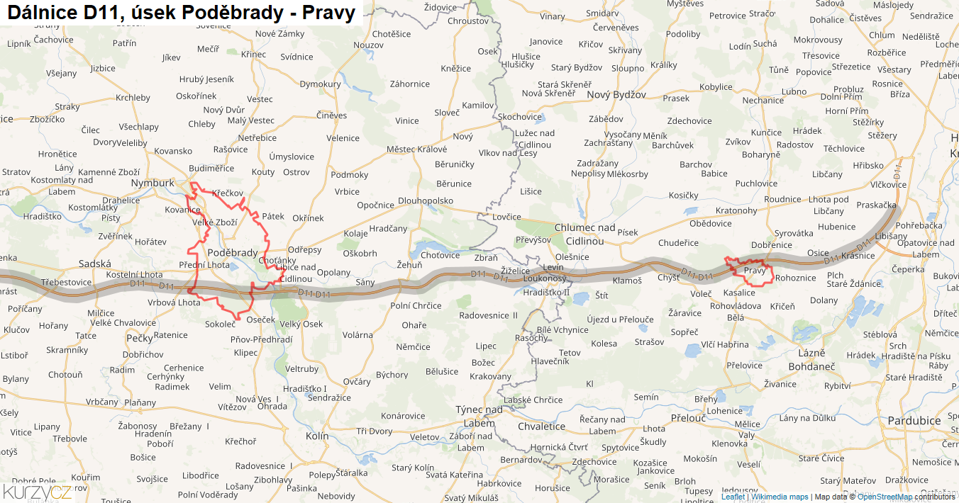 Úsek Poděbrady - Pravy, Dálnice D11 - Mapa