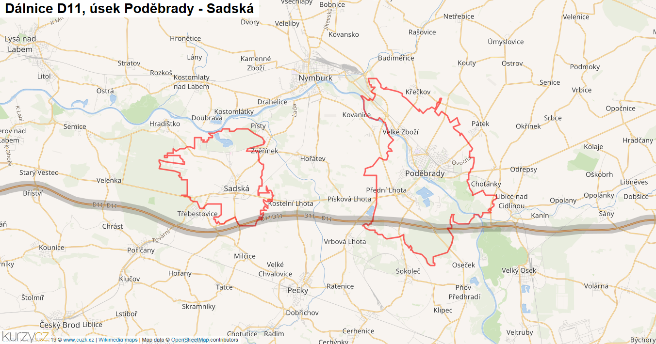 Úsek Poděbrady - Sadská, Dálnice D11 - Mapa