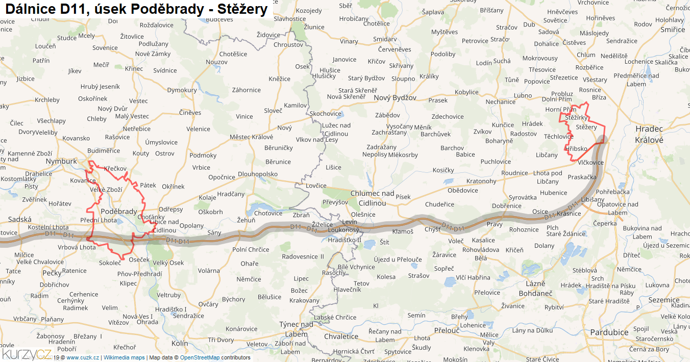 Úsek Poděbrady - Stěžery, Dálnice D11 - Mapa