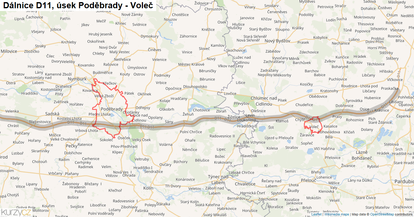 Úsek Poděbrady - Voleč, Dálnice D11 - Mapa