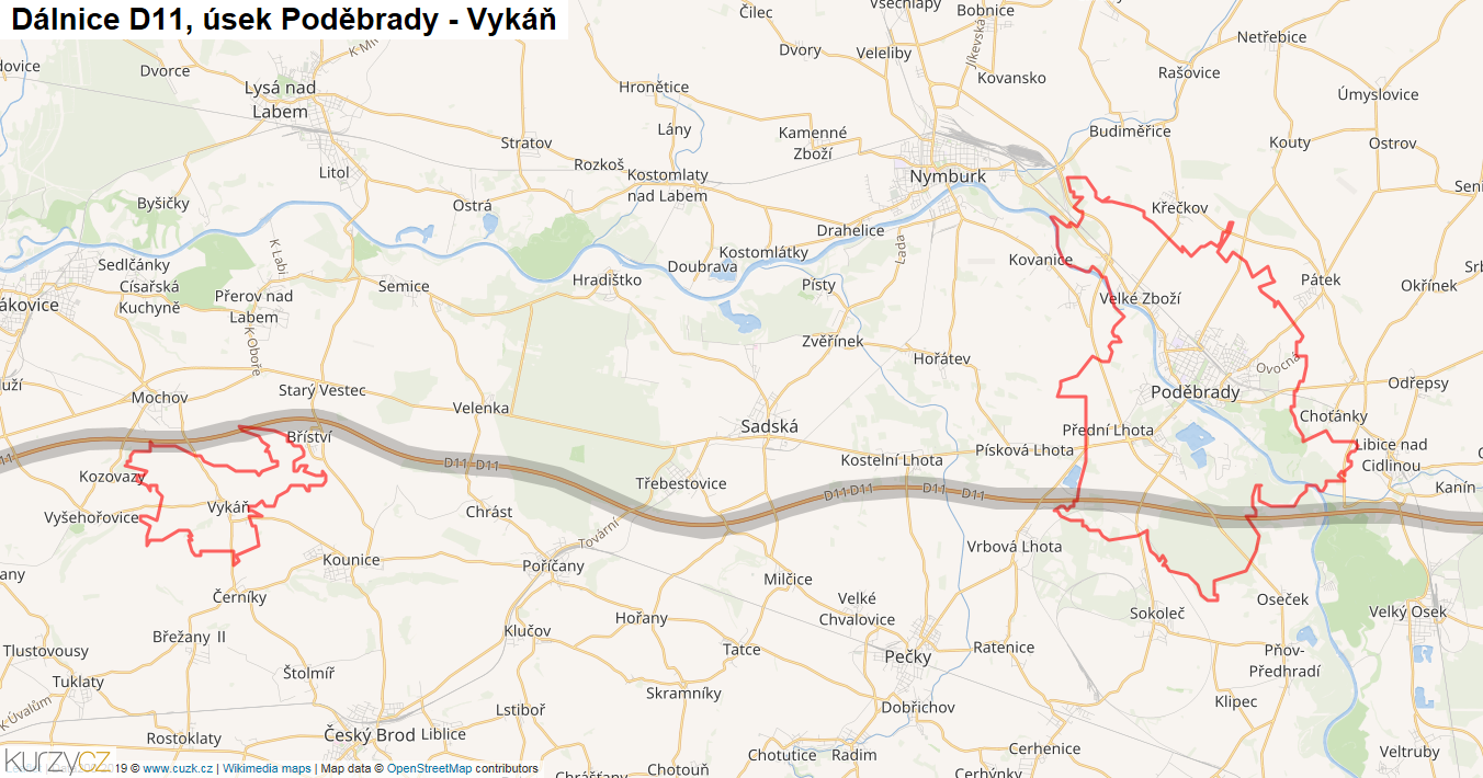 Úsek Poděbrady - Vykáň, Dálnice D11 - Mapa