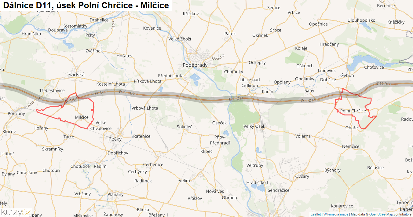 Úsek Polní Chrčice - Milčice, Dálnice D11 - Mapa