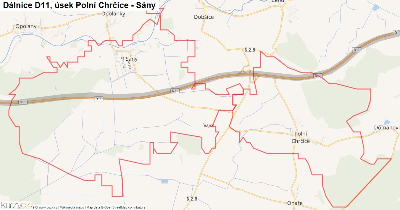 Úsek Polní Chrčice - Sány, Dálnice D11 - Mapa