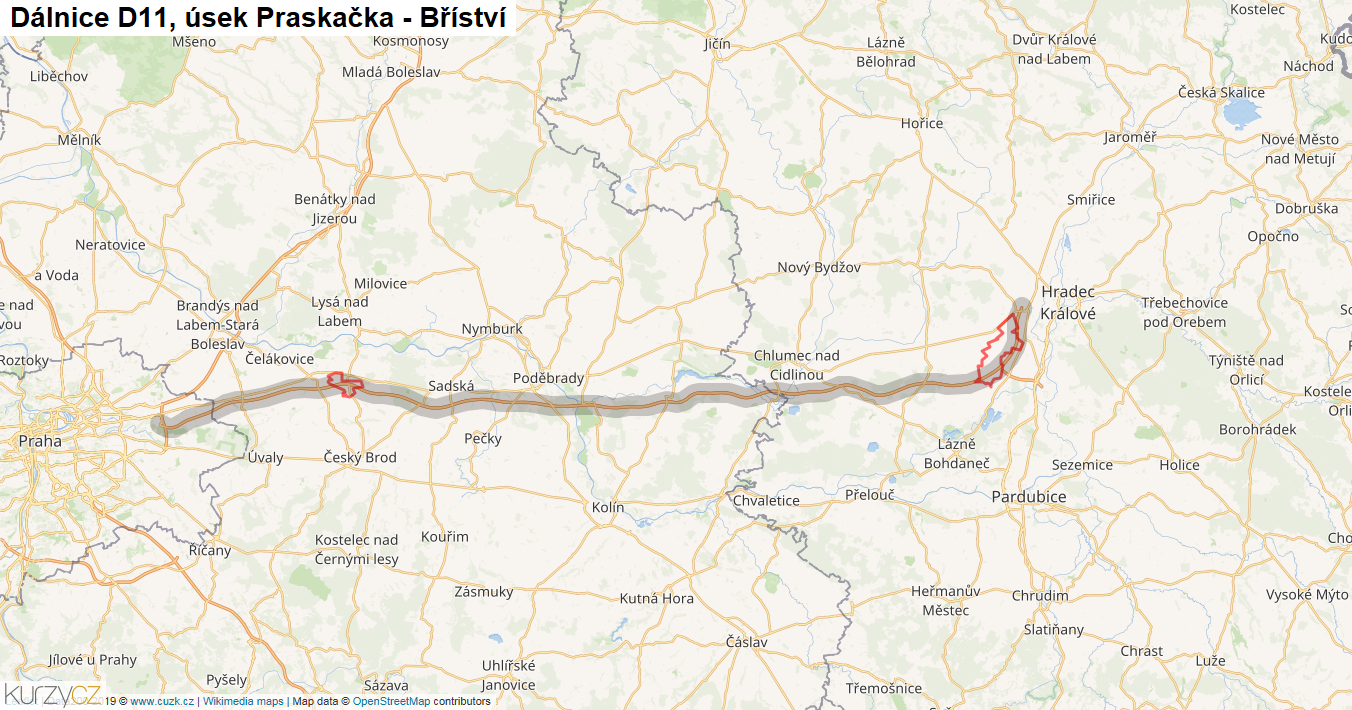 Úsek Praskačka - Bříství, Dálnice D11 - Mapa
