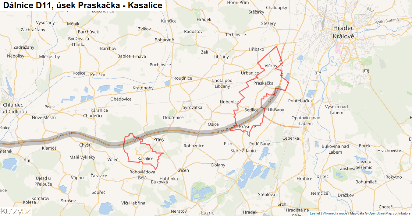 Úsek Praskačka - Kasalice, Dálnice D11 - Mapa