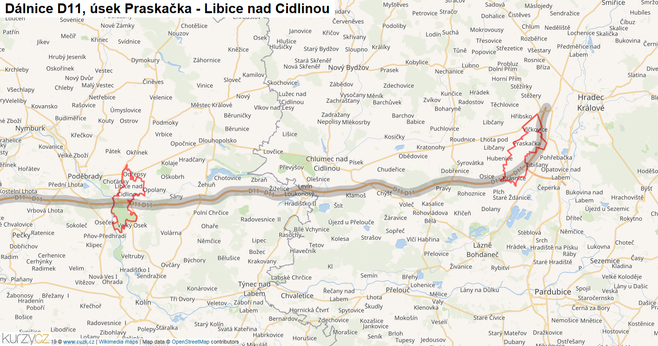 Úsek Praskačka - Libice nad Cidlinou, Dálnice D11 - Mapa