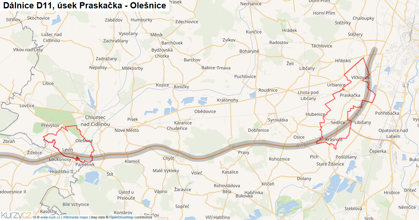 Úsek Praskačka - Olešnice, Dálnice D11 - Mapa