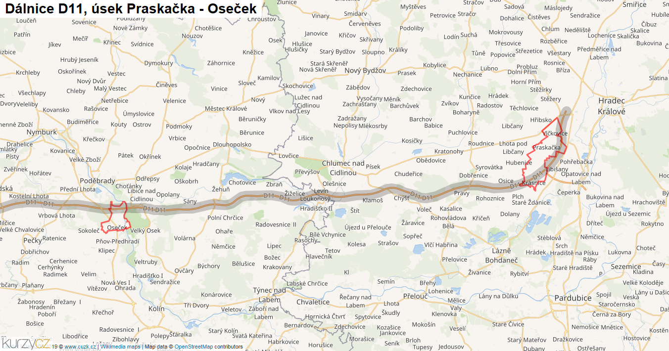 Úsek Praskačka - Oseček, Dálnice D11 - Mapa