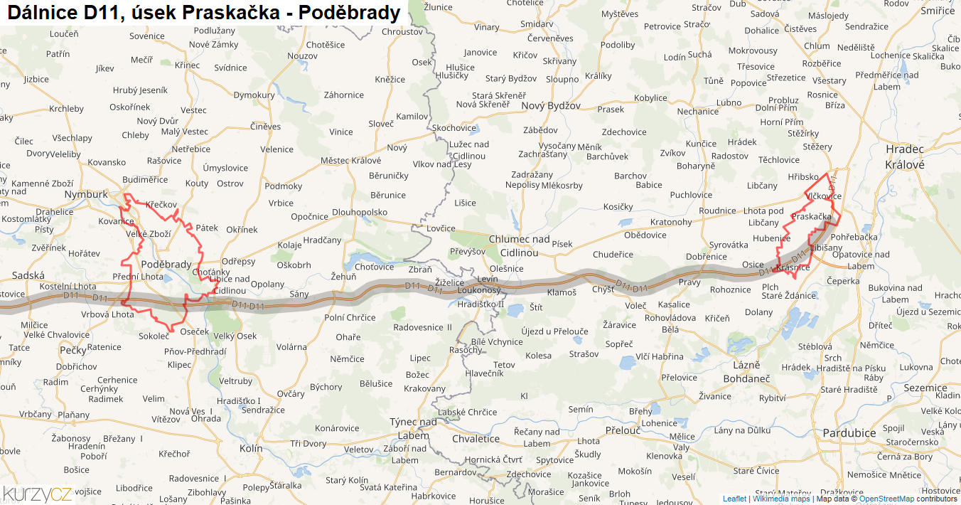 Úsek Praskačka - Poděbrady, Dálnice D11 - Mapa