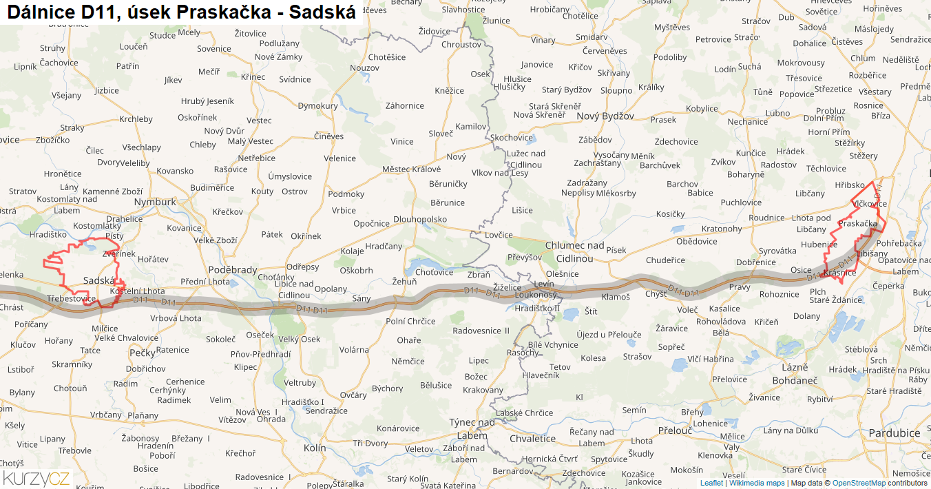 Úsek Praskačka - Sadská, Dálnice D11 - Mapa