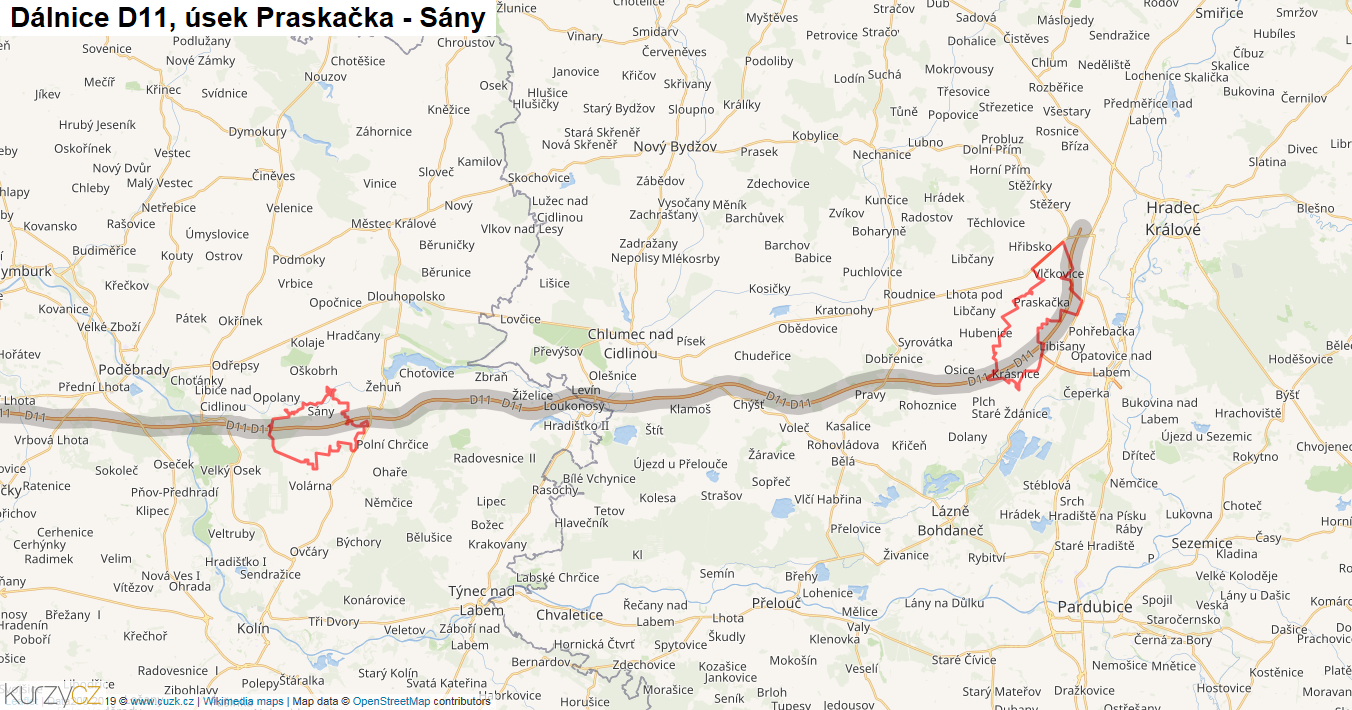 Úsek Praskačka - Sány, Dálnice D11 - Mapa