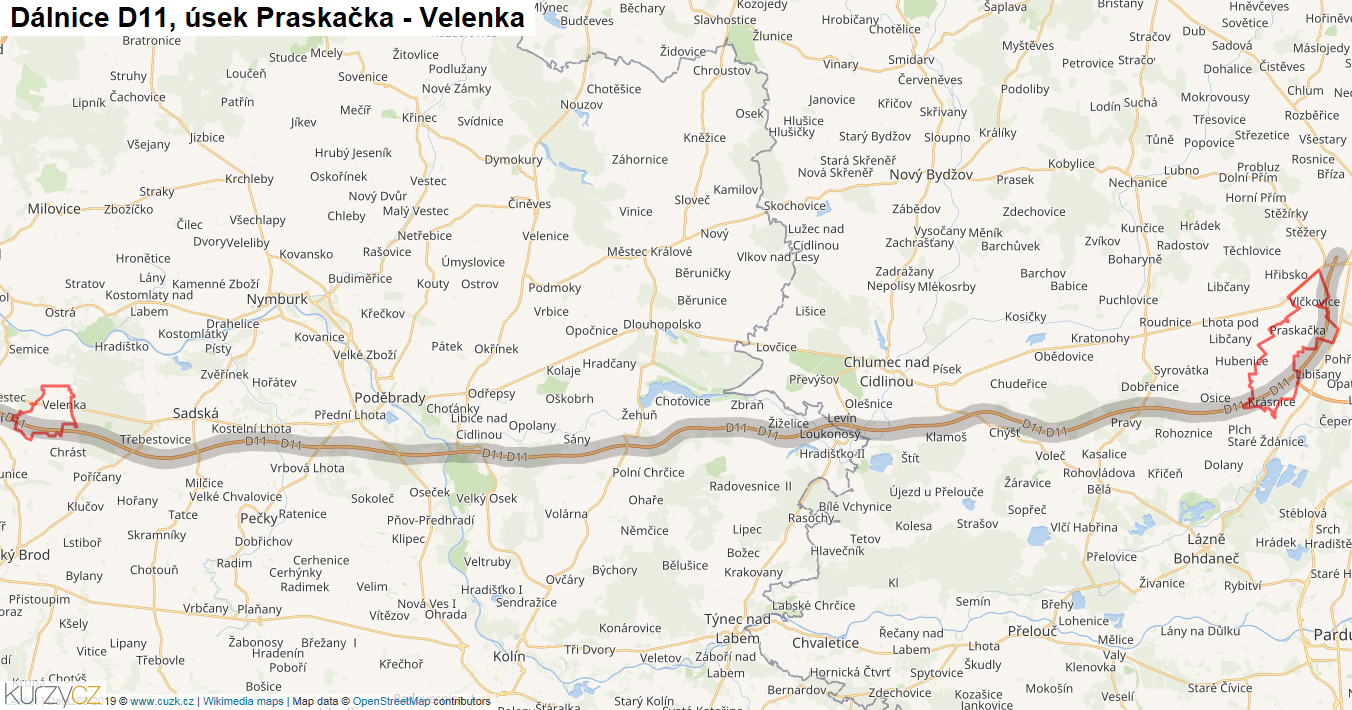 Úsek Praskačka - Velenka, Dálnice D11 - Mapa