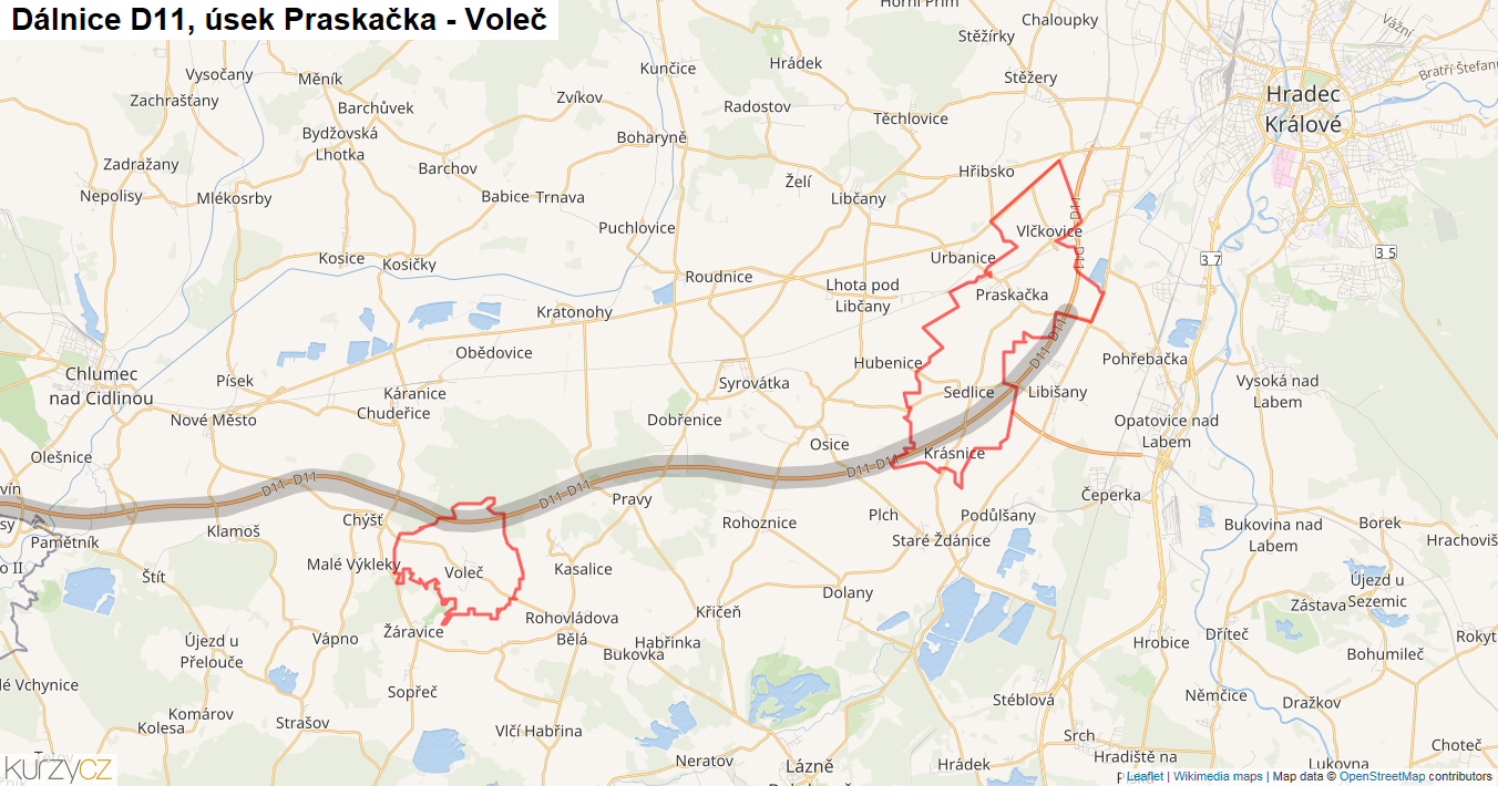 Úsek Praskačka - Voleč, Dálnice D11 - Mapa