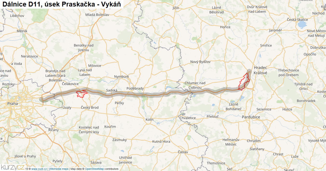 Úsek Praskačka - Vykáň, Dálnice D11 - Mapa