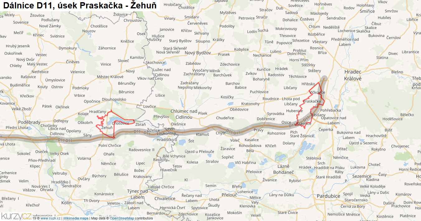 Úsek Praskačka - Žehuň, Dálnice D11 - Mapa