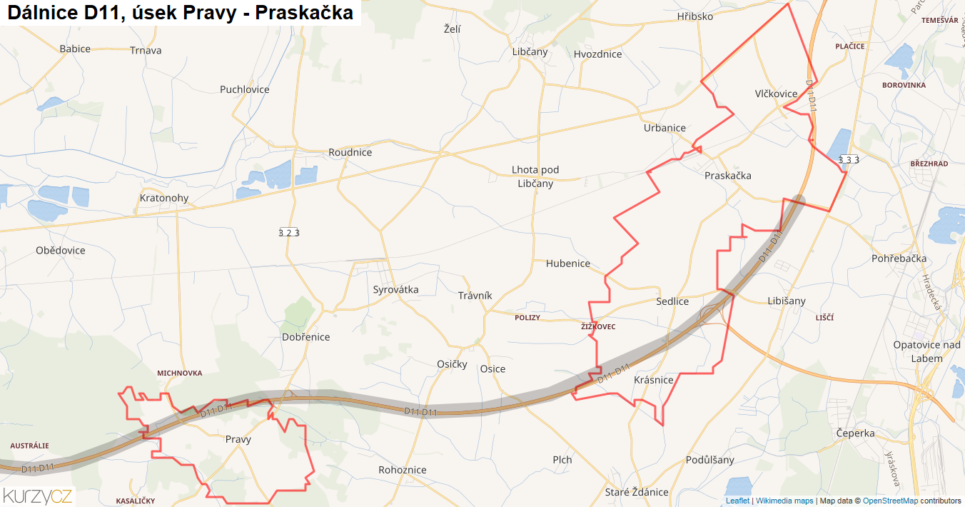 Úsek Pravy - Praskačka, Dálnice D11 - Mapa