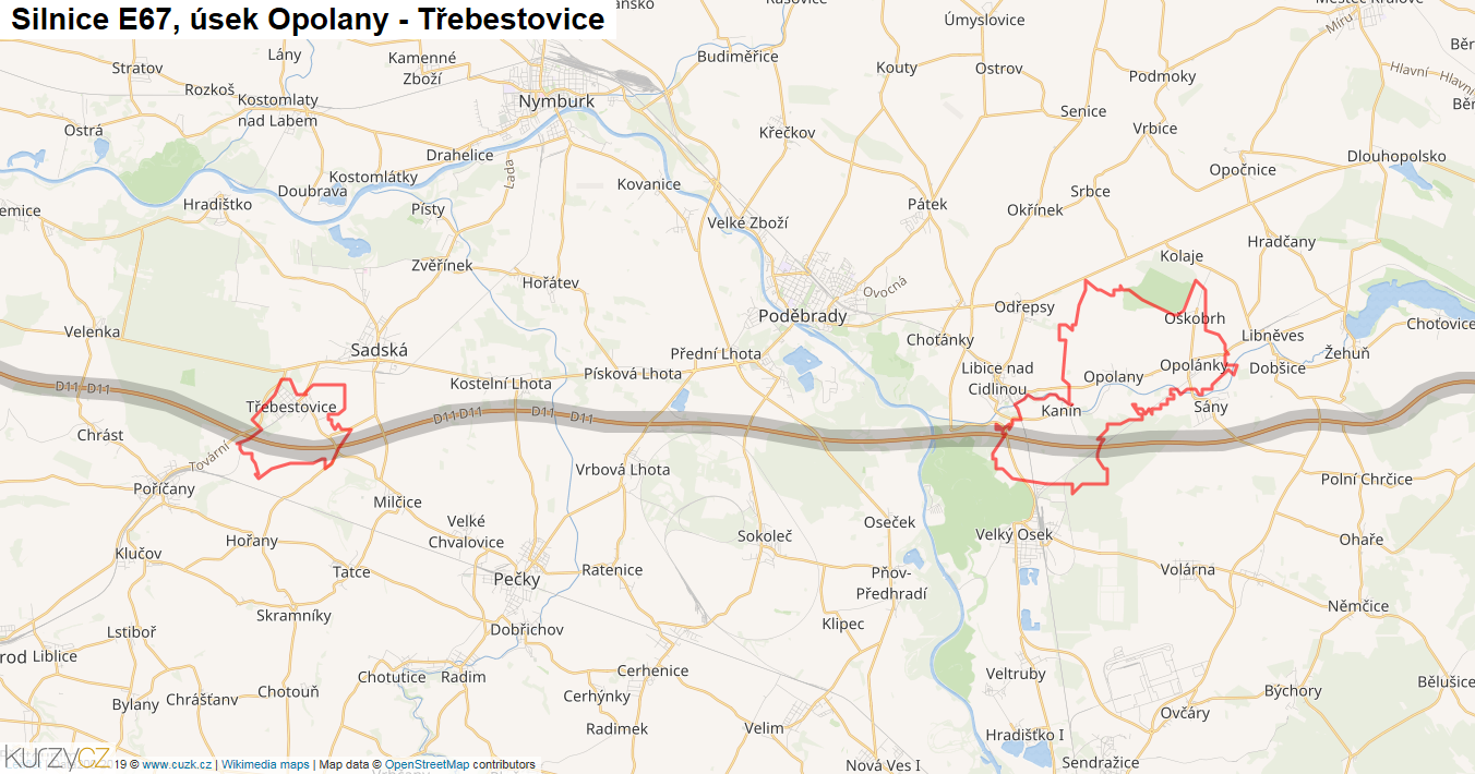 Úsek Sadská - Chrást, Dálnice D11 - Mapa