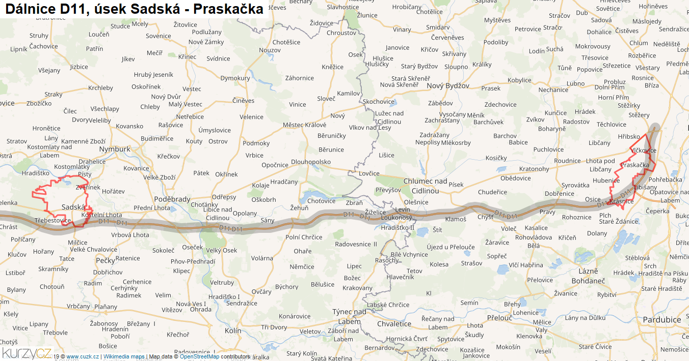 Úsek Sadská - Praskačka, Dálnice D11 - Mapa