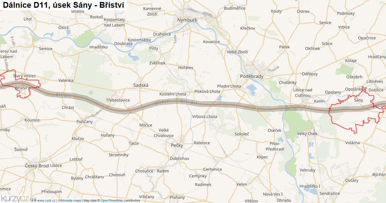 Úsek Sány - Bříství, Dálnice D11 - Mapa