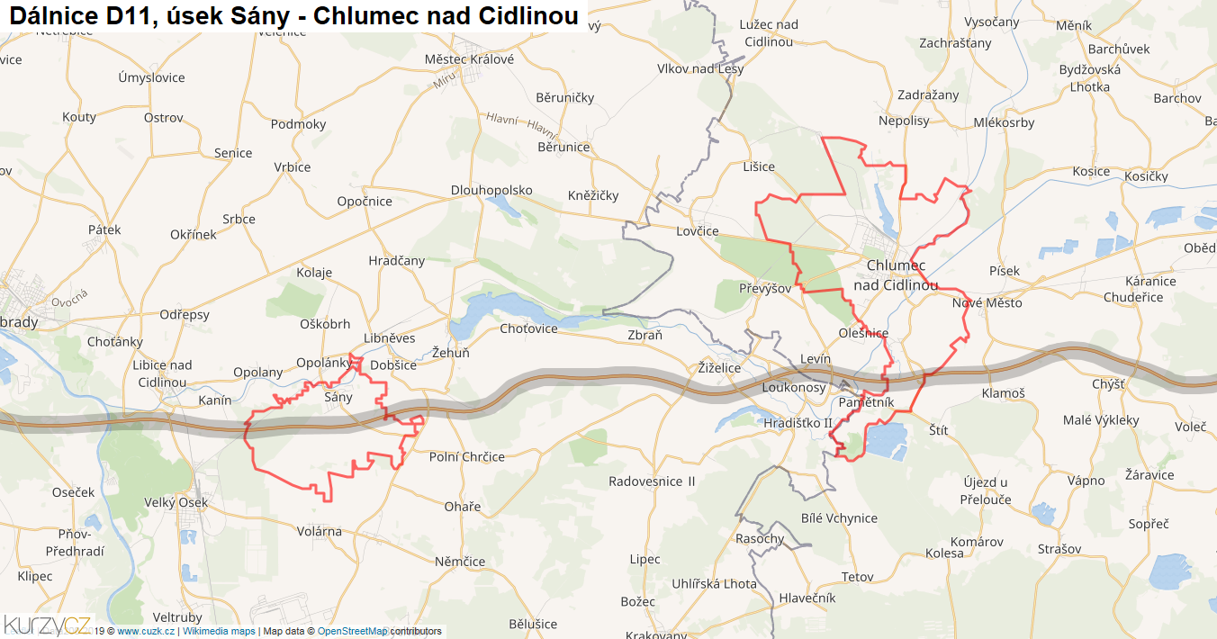 Úsek Sány - Chlumec nad Cidlinou, Dálnice D11 - Mapa