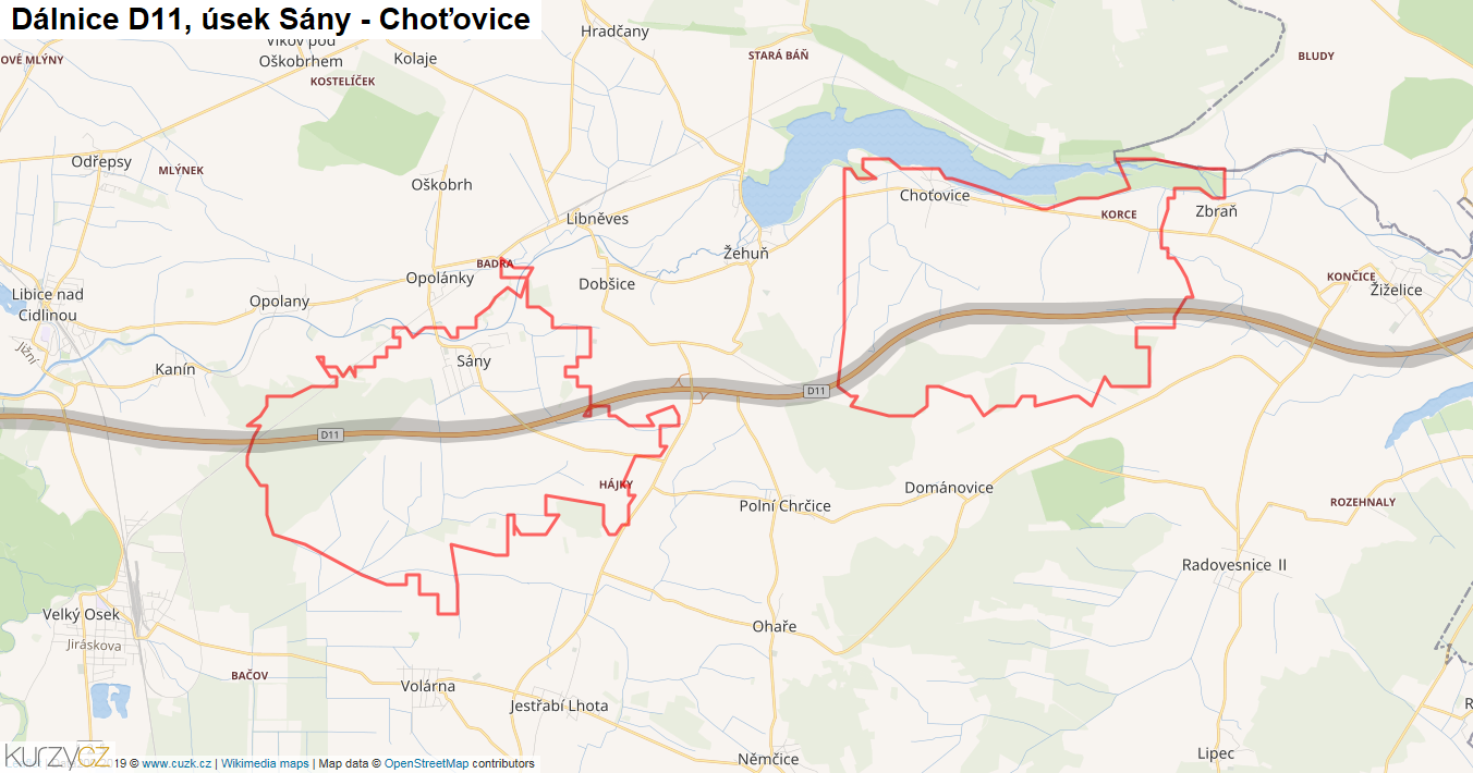 Úsek Sány - Choťovice, Dálnice D11 - Mapa