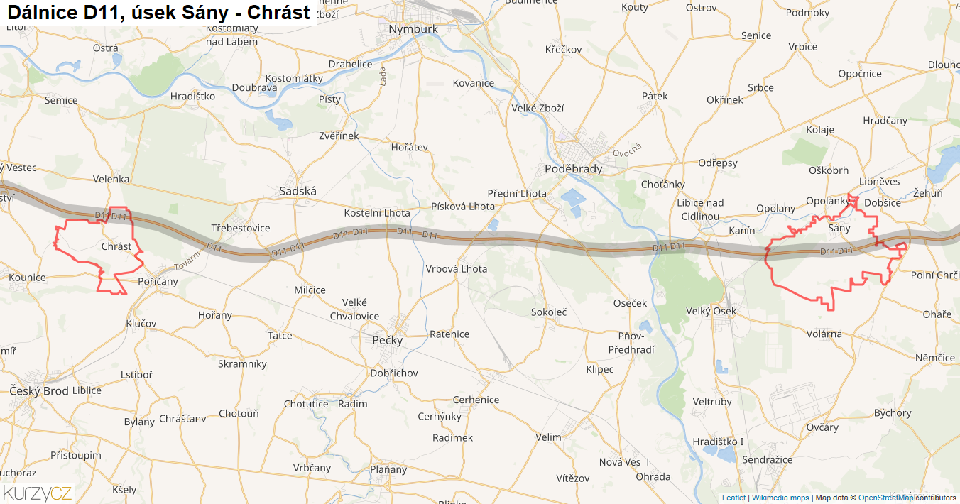 Úsek Sány - Chrást, Dálnice D11 - Mapa