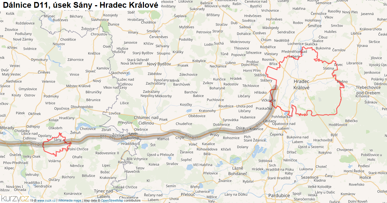 Úsek Sány - Hradec Králové, Dálnice D11 - Mapa