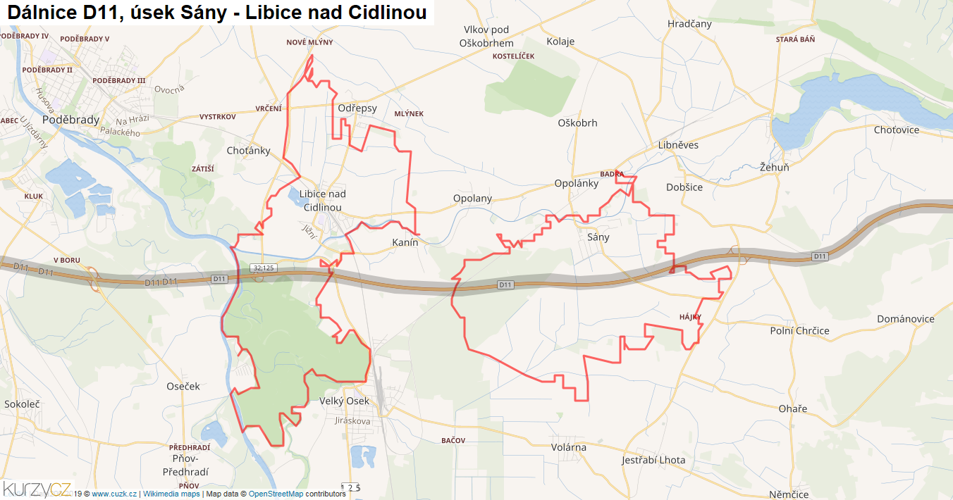 Úsek Sány - Libice nad Cidlinou, Dálnice D11 - Mapa